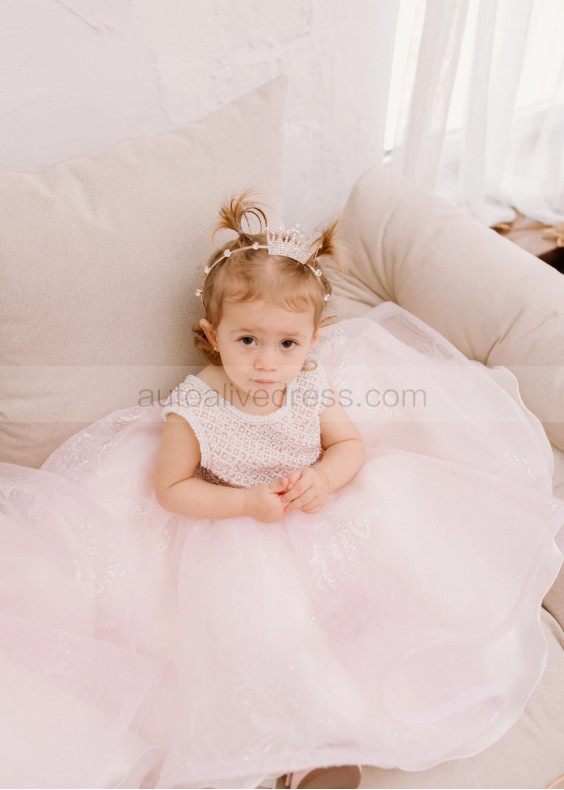 Beaded Pearl Tulle Tea Length Lovely Flower Girl Dress